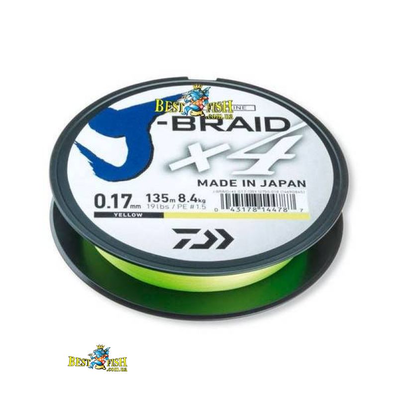 Плетений шнур Daiwa J-BRAID X4 Yellow 0.21 / 135 Плетений шнур Daiwa J-BRAID X4 Yellow 0.21 / 135