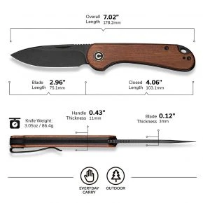 Складаний ніж Civivi Elementum Slip Joint, клинок 75 мм, 14C28N, дерево Guibourtia, коричневий із чорним клинком (C18062AJ-3)