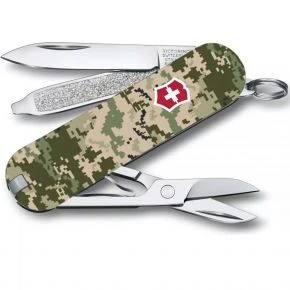 Швейцарський ніж Victorinox Classic SD 58 мм, 7 функцій, камуфляж, принт піксель з червоним логотипом (0.6223.3_W3941pw)