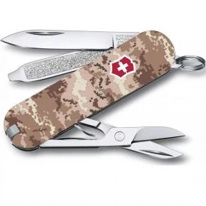 Швейцарський ніж Victorinox Classic SD 58 мм, 7 функцій, пісочний, принт піксельний камуфляж з червоним логотипом (0.6223.7_W3945pw)