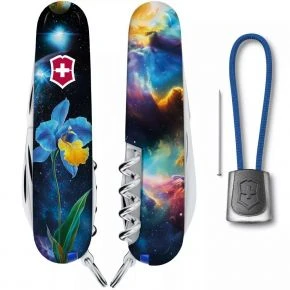 Швейцарський ніж Victorinox Camper 91 мм, 13 функцій, блакитно-жовтий, принт ірис (1.3613.3_R2060pk)