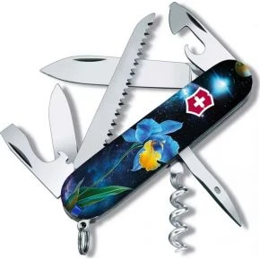 Швейцарський ніж Victorinox Camper 91 мм, 13 функцій, блакитно-жовтий, принт ірис (1.3613.3_R2060pk)