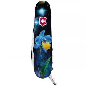 Швейцарський ніж Victorinox Camper 91 мм, 13 функцій, блакитно-жовтий, принт ірис (1.3613.3_R2060pk)