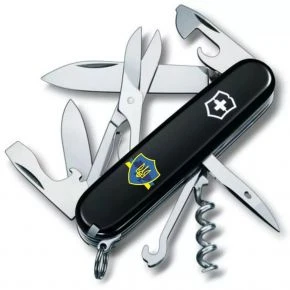 Швейцарський ніж Victorinox Climber 91 мм, 14 функцій, чорний, принт тризуб на щиті зі стрічкою (1.3703.3_T1070u)