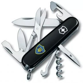 Швейцарський ніж Victorinox Climber 91 мм, 14 функцій, чорний, принт тризуб на щиті (1.3703.3_T1080u)