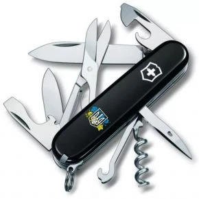 Швейцарський ніж Victorinox Climber 91 мм, 14 функцій, чорний, принт герб України з квітковим прапором (1.3703.3_T1280u)