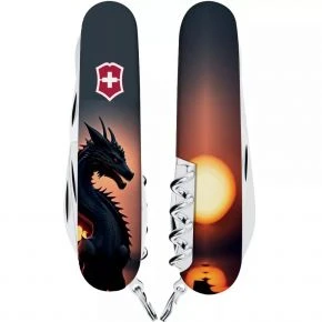 Швейцарський ніж Victorinox Climber 91 мм, 14 функцій, різнокольоровий, принт дракон у променях сонця (1.3703.3_Z3270p)