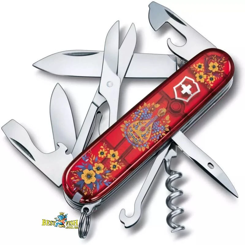 Швейцарський ніж Victorinox Climber 91 мм, 14 функцій, червоний прозорий, принт кобза (1.3703.T_T1370u) Швейцарський ніж Victorinox Climber 91 мм, 14 функцій, червоний прозорий, принт кобза (1.3703.T_T1370u)