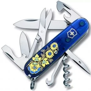 Швейцарський ніж Victorinox Climber 91 мм, 14 функцій, синій прозорий, принт квіти (1.3703.T2_T1050u)