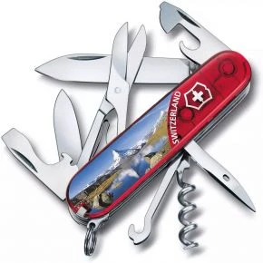 Швейцарський ніж Victorinox Climber 91 мм, 14 функцій, червоний прозорий, принт Маттергорн (1.3703.TE2)