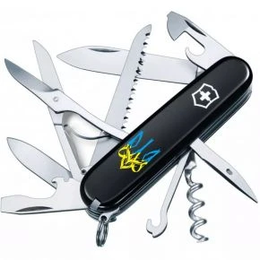 Швейцарський ніж Victorinox Huntsman 91 мм, 15 функцій, чорний, принт готичний тризуб (1.3713.3_T0636u)