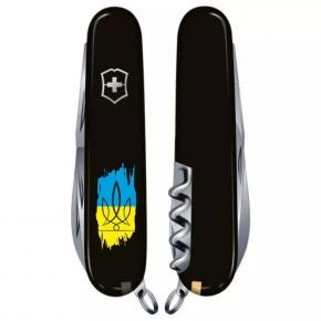 Швейцарський ніж Victorinox Huntsman 91 мм, 15 функцій, чорний, принт тризуб на тлі прапора (1.3713.3_T1026u)