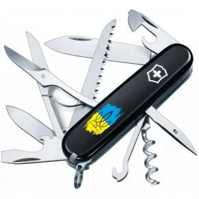 Швейцарський ніж Victorinox Huntsman 91 мм, 15 функцій, чорний, принт тризуб на тлі прапора (1.3713.3_T1026u)