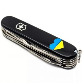 Швейцарський ніж Victorinox Huntsman 91 мм, 15 функцій, чорний, принт синьо-жовте серце (1.3713.3_T1090u)