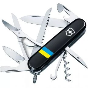 Швейцарський ніж Victorinox Huntsman 91 мм, 15 функцій, чорний, принт прапор України (1.3713.3_T1100u)