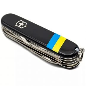Швейцарський ніж Victorinox Huntsman 91 мм, 15 функцій, чорний, принт прапор України (1.3713.3_T1100u)