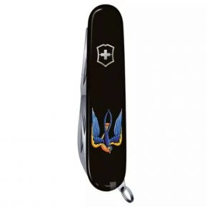 Швейцарський ніж Victorinox Huntsman 91 мм, 15 функцій, чорний, принт тризуб-ластівка (1.3713.3_T1230u)
