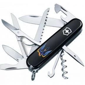 Швейцарський ніж Victorinox Huntsman 91 мм, 15 функцій, чорний, принт тризуб-ластівка (1.3713.3_T1230u)