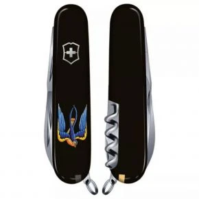 Швейцарський ніж Victorinox Huntsman 91 мм, 15 функцій, чорний, принт тризуб-ластівка (1.3713.3_T1230u)