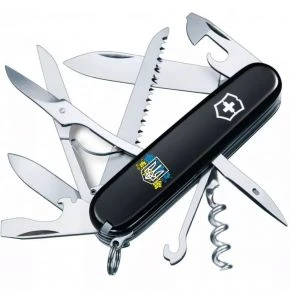 Швейцарський ніж Victorinox Huntsman 91 мм, 15 функцій, чорний, принт герб України з квітковим прапором (1.3713.3_T1280u)