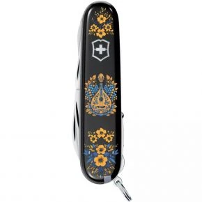 Швейцарський ніж Victorinox Huntsman 91 мм, 15 функцій, чорний, принт українські мотиви (1.3713.3_T1370u)