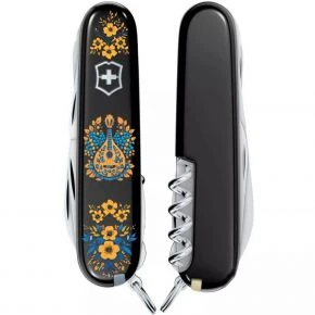 Швейцарський ніж Victorinox Huntsman 91 мм, 15 функцій, чорний, принт українські мотиви (1.3713.3_T1370u)