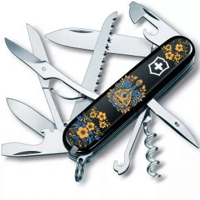 Швейцарський ніж Victorinox Huntsman 91 мм, 15 функцій, чорний, принт українські мотиви (1.3713.3_T1370u)