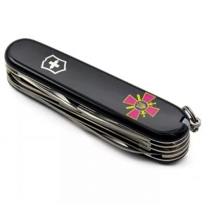 Швейцарський ніж Victorinox Huntsman 91 мм, 15 функцій, чорний, емблема Сухопутних військ ЗСУ (1.3713.3_W0020u)