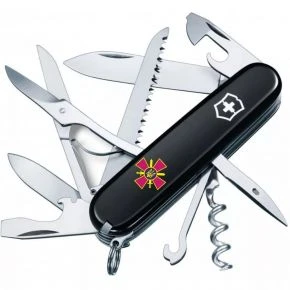 Швейцарський ніж Victorinox Huntsman 91 мм, 15 функцій, чорний, емблема Сухопутних військ ЗСУ (1.3713.3_W0020u)