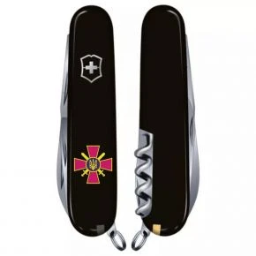 Швейцарський ніж Victorinox Huntsman 91 мм, 15 функцій, чорний, емблема Сухопутних військ ЗСУ (1.3713.3_W0020u)