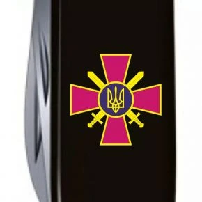 Швейцарський ніж Victorinox Huntsman 91 мм, 15 функцій, чорний, емблема Сухопутних військ ЗСУ (1.3713.3_W0020u)
