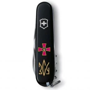 Швейцарський ніж Victorinox Huntsman 91 мм, 15 функцій, чорний, емблема ЗСУ і золотий тризуб (1.3713.3_W1015u)