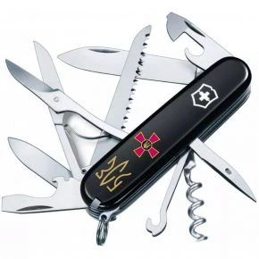 Швейцарський ніж Victorinox Huntsman 91 мм, 15 функцій, чорний, емблема ЗСУ і золотий тризуб (1.3713.3_W1015u)
