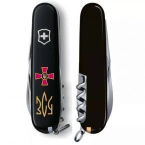 Швейцарський ніж Victorinox Huntsman 91 мм, 15 функцій, чорний, емблема ЗСУ і золотий тризуб (1.3713.3_W1015u)