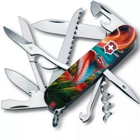 Швейцарський ніж Victorinox Huntsman 91 мм, 15 функцій, чорний, принт барвиста кобра (1.3713.3_Z4290pk)