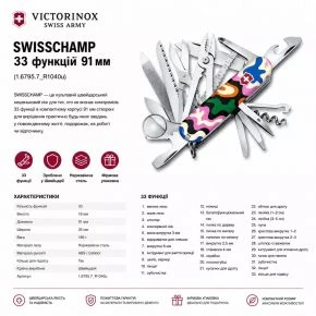 Швейцарський ніж Victorinox Swiss Champ Design 91 мм, 33 функції, різнокольоровий принт (1.6795.7_R1040u)