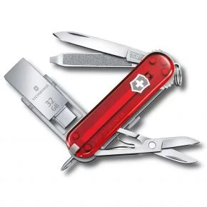 Швейцарський ніж Victorinox @work 58 мм, 8 функцій, червоний прозорий, USB 32 ГБ, у блістері (4.6235.TG32B1)