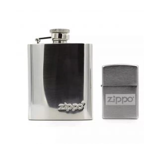 Подарунковий набір Zippo: фляга 89 мл і бензинова запальничка, хром, сріблястий (49358)