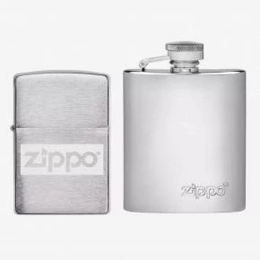 Подарунковий набір Zippo: фляга 89 мл і бензинова запальничка, хром, сріблястий (49358)