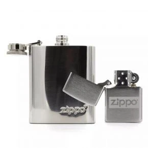 Подарунковий набір Zippo: фляга 89 мл і бензинова запальничка, хром, сріблястий (49358)