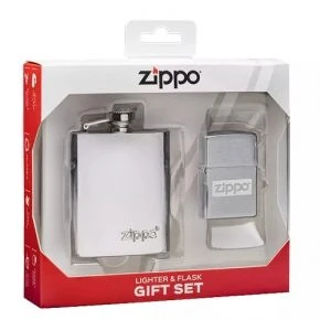Подарунковий набір Zippo: фляга 89 мл і бензинова запальничка, хром, сріблястий (49358)