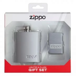 Подарунковий набір Zippo: фляга 89 мл і бензинова запальничка, хром, сріблястий (49358)