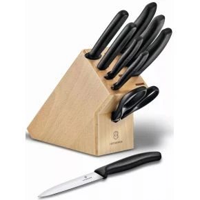 Набір кухонних ножів Victorinox Swiss Classic Cutlery Block, 9 предметів у буковій підставці, чорний (6.7193.9)